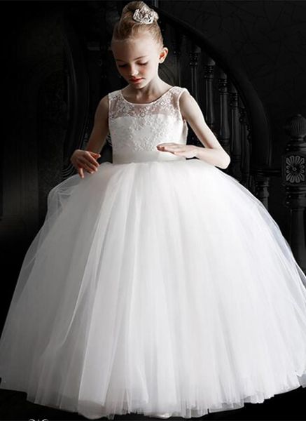 

white flower girl dresses lace applique fluffy tulle and o-neck sleeveless participate birthday up first communion, White;blue