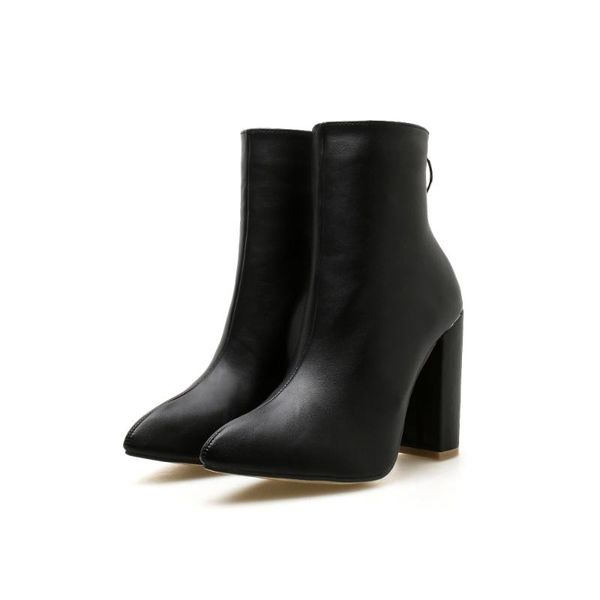 

boots leather metal circle chunky pointed toe white black ankle feminine shoes women's square heels