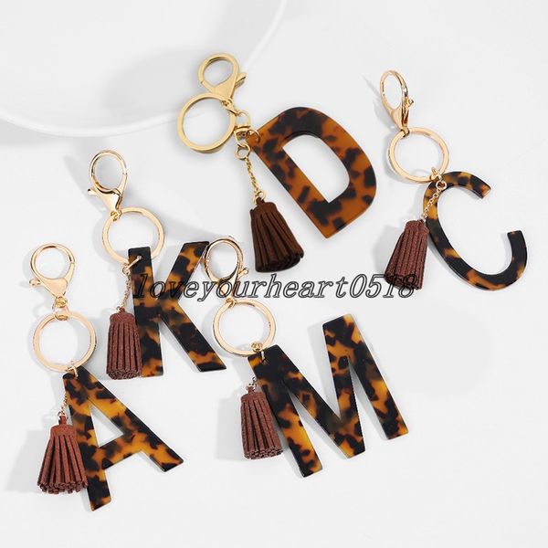 

keychains gold lobster clasp ring tassel key chain vintage brown leopard pattern resin letter a-z keychain women men backpack bag pendant, Slivery;golden