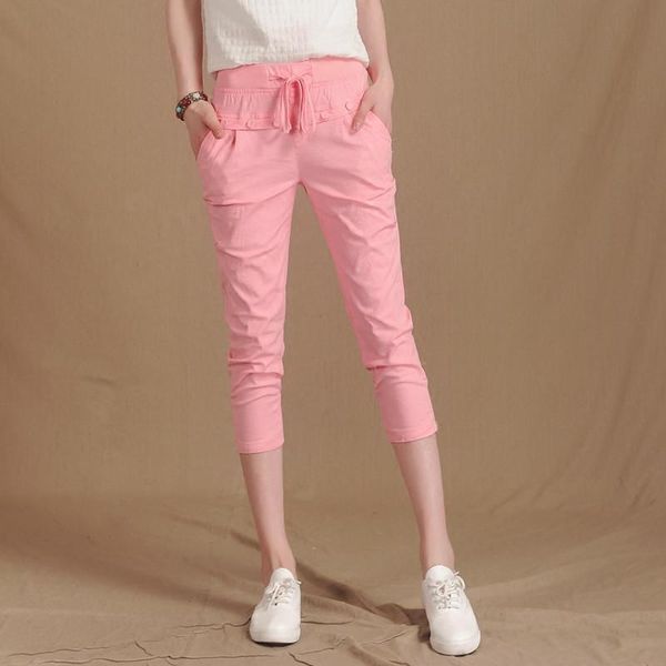 

women's pants & capris summer women cotton linen casual loose solid elastic waist female plus size harem trousers, Black;white