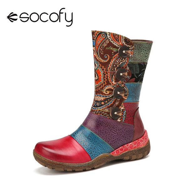 

boots socofy retro stitching multicolor printed women shoes leather buckle decor comfy side zipper mid-calf flat winter fashion, Black