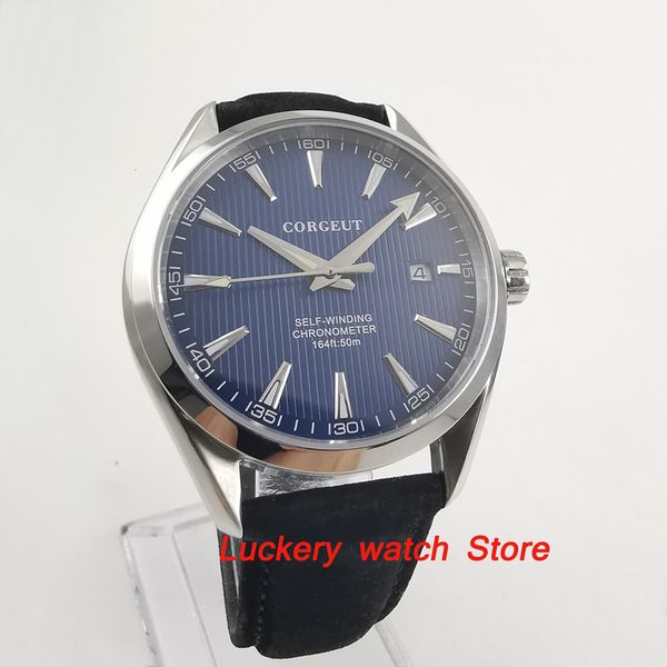 

corgeut 41mm gentlemen watch blue marker plate sier markings sapphire glass 5atm water resistance automatic watch-ca32, Slivery;brown