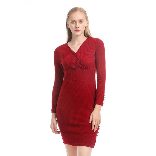 

casual dresses women dress solid color slim skinny pencil long sleeve buttons deep v-neck rivet buttoned, Black;gray