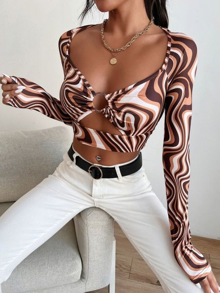 

marble print o-ring front cutout crop h8u6#, White