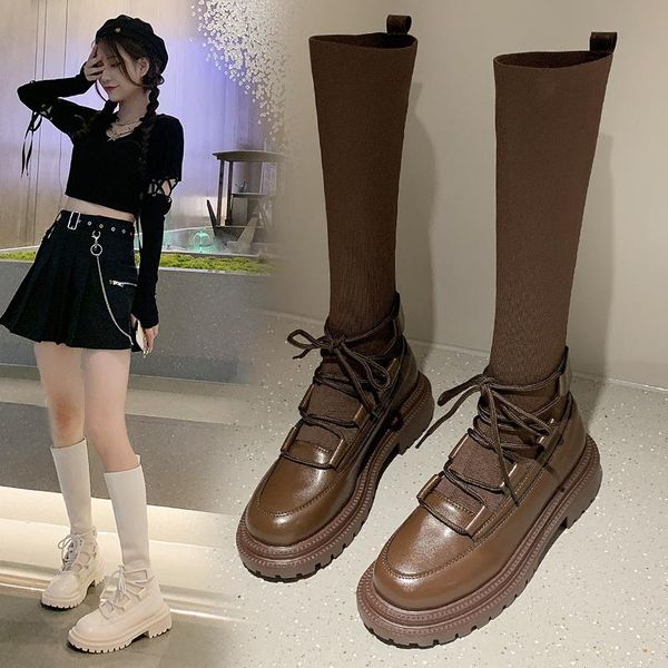 

boots autumn 2021 knitted elastic women's shoes versatile thick heel lace-up socks knee high zapatos de mujer, Black