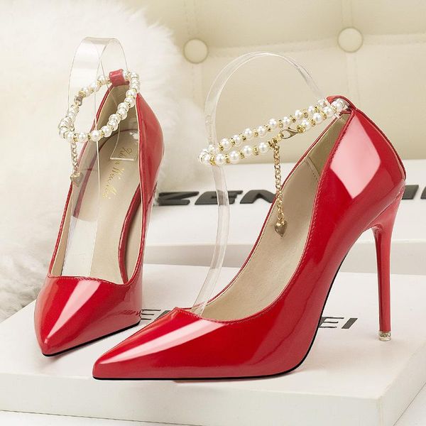 

ladies shoes high heels pearls crystal buckle strap pumps women stiletto pointed toe bridal wedding zapatos mujer dress, Black