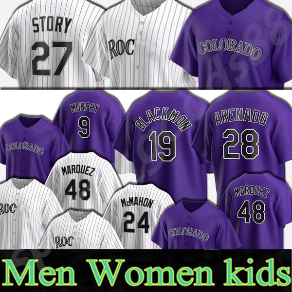 

custom 2021 colorado 28 nolan arenado rockies jersey 19 charlie blackmon 21 kyle and 24 ryan mcmahon 43 sam hilliard 45 scott oberg baseball, Blue;black