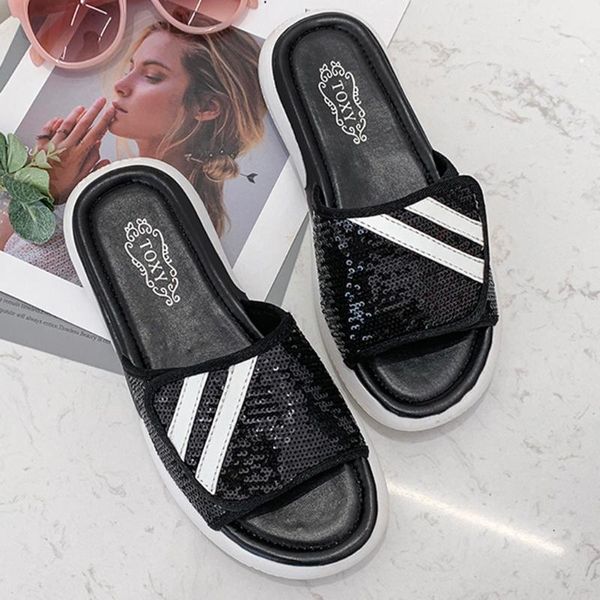 

slippers fashion red sequins recreational beach women summer bling mixed colors flat round toe party casual shoes, Black