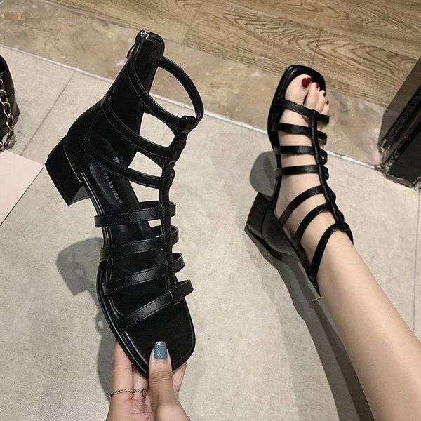 

comfort shoes for women female sandal strappy heels all-match cross-shoes med 2021 summer girls beige medium block fashion sandals, Black