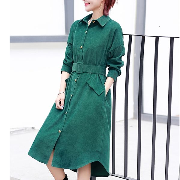 

casual dresses vintage women corduroy autumn high waist belt tunic line elegant party midi d76 long sleeve pocket vestido bon7, Black;gray