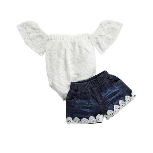 

clothing sets 2 pcs baby girls summer outfits off-shoulder floral lace boat neck short sleeve romper solid color jeans with pockets, White