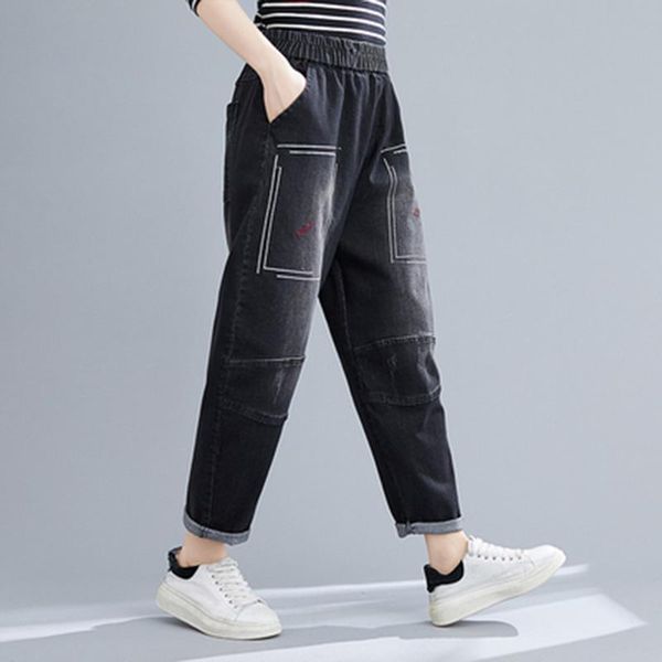 

autumn arts style women loose casual elastic waist harem pants vintga embroidery cotton denim patchwork jeans a653 women's, Blue