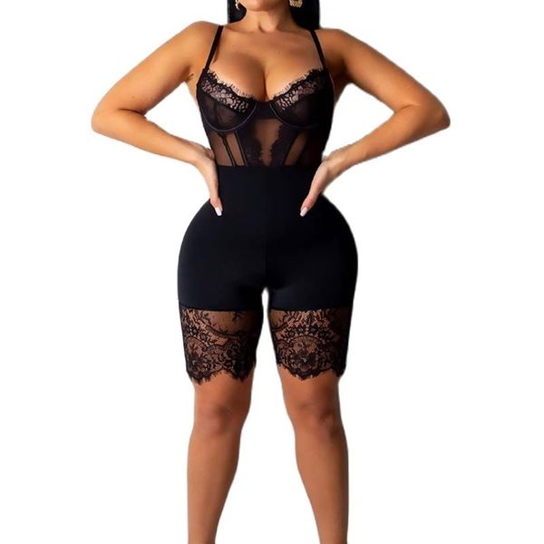 Laço único Inserção Sexy Jumpsuit Mulheres Apertado Spaghetti Strap Sheer Malha Moda Roupas 210520