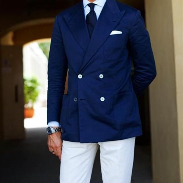 

men's suits & blazers custom made fashion elegant style double breasted blue blazer with white pant slim fit groom tuxedo for wedding p, White;black