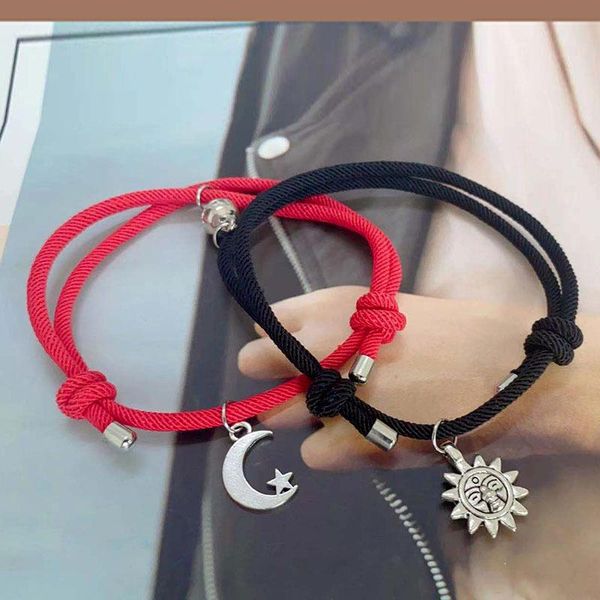 

beaded, strands 2pcs sun moon bracelet charm adjustable magnet for couples friend red rope jewelry valentine's day gifts, Black