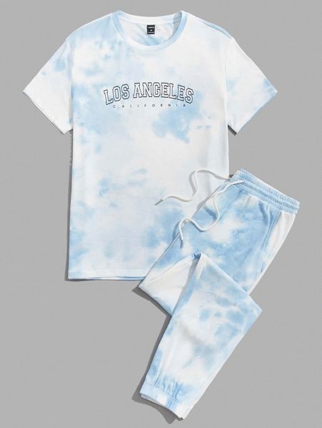

men tie dye letter graphic tee & drawstring waist sweatpants r3fq#, Gray
