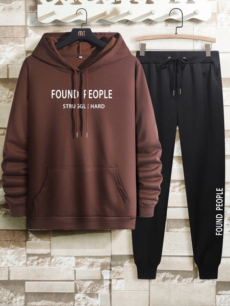 

men letter graphic drawstring hoodie & sweatpants f9nc#, Gray