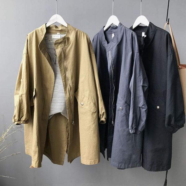 

women's trench coats 2021 spring korean fashion ladies mid-length windbreaker drawstring washed cotton jacket manteau femme abrigo de, Tan;black