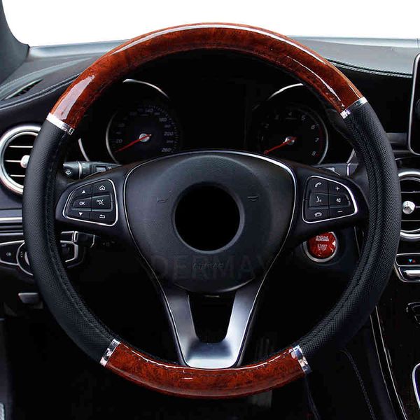 

universal auto steering cover mahogany wood leather fit 37-38cm car steer wheel covers car interior decoration