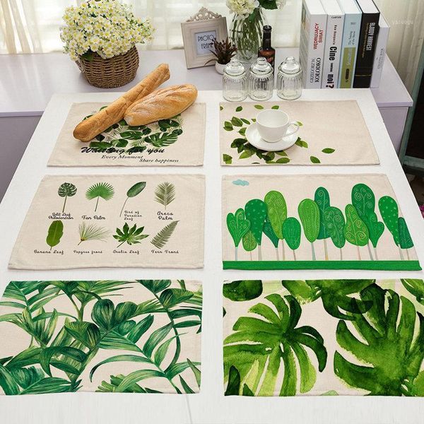 MATS PADS 1 PCS Folha Verde Plantas Padrão Cozinha Placemat Jantar De Jantar Individual Mesa de Algodão Almofada Pad Copo Tapete 42 * 32cm Home Decor