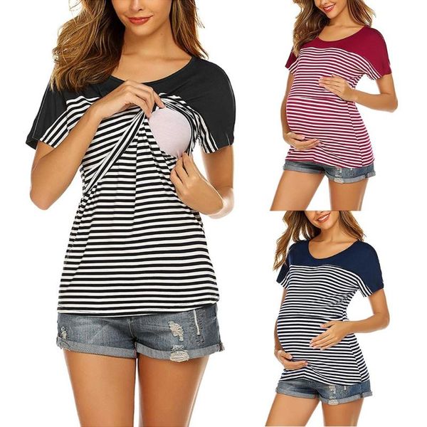 

maternity & tees telotuny women blouse short sleeve striped nursing t-shirt for breastfeeding pregnant casual summer shirt, White