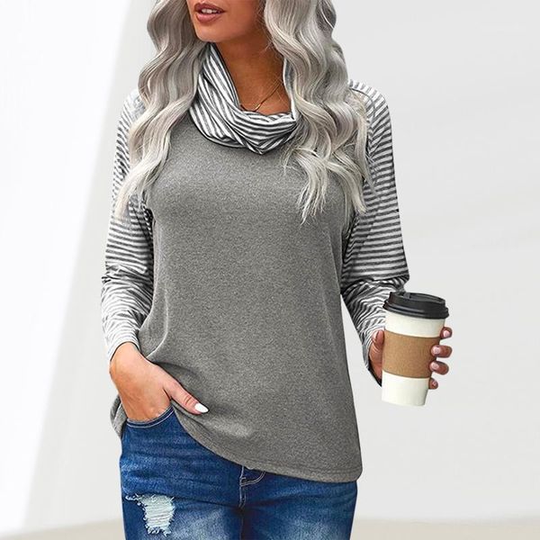 Damen Blusen Shirts 2021 Herbst Winter High Neck Schal Bluse Lässige Mode Rollkragen Mehrfarbige Streifen Kragen Langarm Top