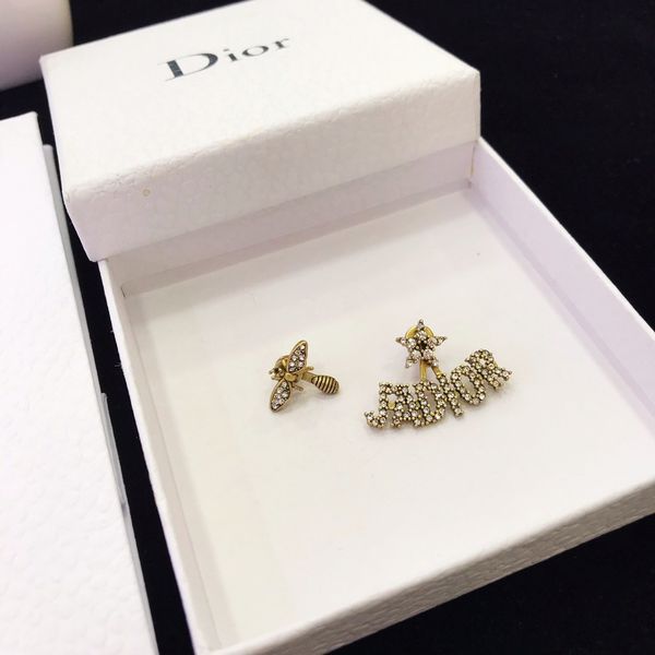 

d family bee asymmetric s925 silver needle wheat ear cd letter earrings, Golden