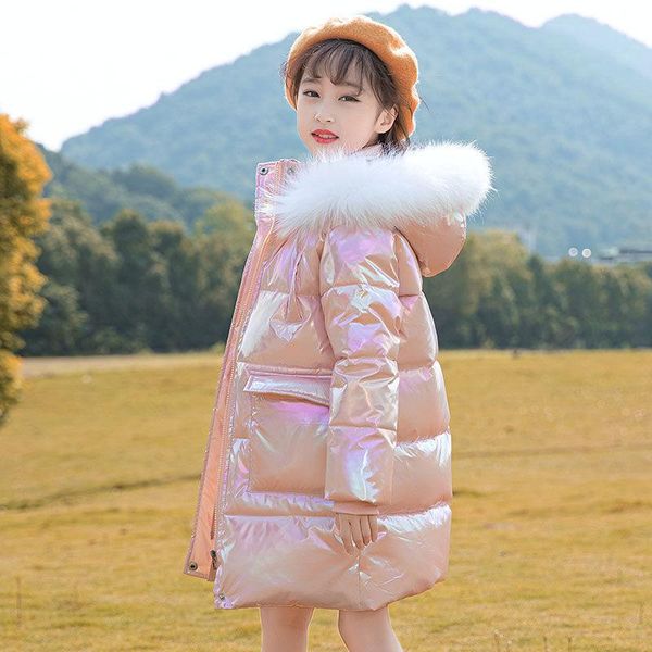 

down coat winter children's shiny jackets girls 2021fashion fur hooded parkas kids waterproof outdoor warm teenage cotton outerwear, Blue;gray