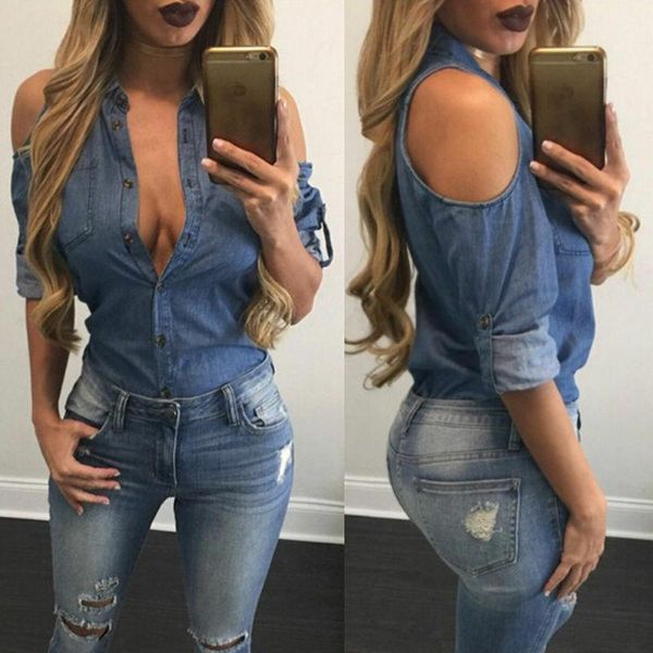 Blusas femininas camisas mulheres ombro frio strapless manga longa camisa verão casual bolso solto lapela jeans top blusa moda plu