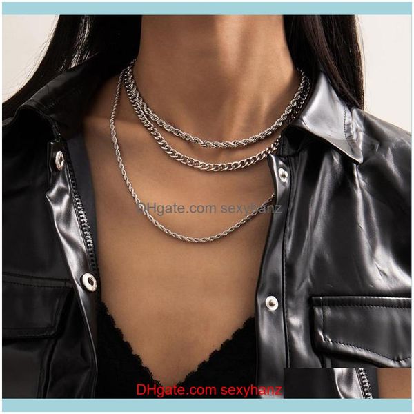 

& pendants jewelryfemale vintage fashion flat chains necklaces for women multilevel collar gold sier color metal thick rope chain jewelry pe, Silver