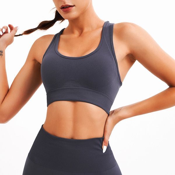 

popular new yoga fitness shockproof quick drying seamless knitting sports running bra female, Gray