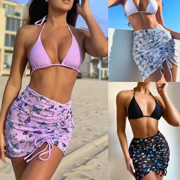 

one-piece suits women 3pcs bikini set halter swimsuit with butterfly print mesh wrap skirt xx9d