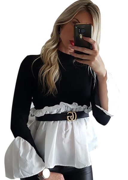

women's t-shirt women long sleeve frill ruffle flare patchwork black jumper turtleneck pullover sweater, White