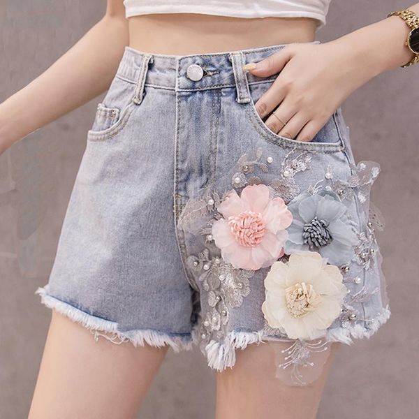 

women's shorts summer koreans woman female high waist beads flower embroidery irregular denim short , womens lady tassel pearls jeans, White;black