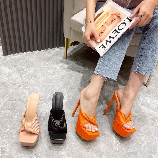 

sandals 2022 style 14cm wrinkled square toe high heel women 35-42, Black