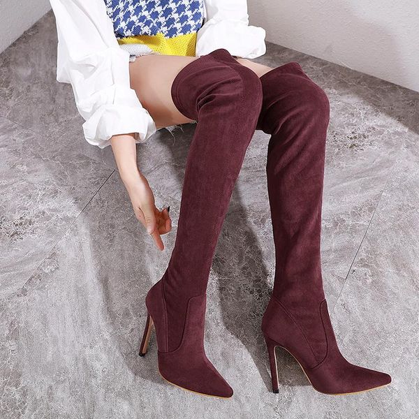 

boots 2021 stretch fabric suede women's over the knee solid color pointed toe slim warm stiletto high heels women shoes, Black