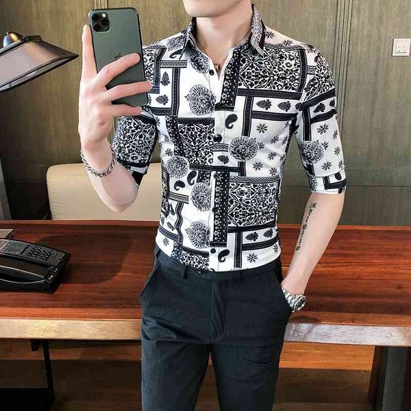 

national style shirts men short sleeve sliom fit dress shirts brand men clothing streetwear social gentleman chemise homme 210527, White;black