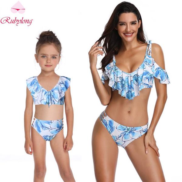 

one-piece suits family matching swimsuits bikini mother daughter girl clothes outfits ruffles swimwear print beachwear parent child bathing