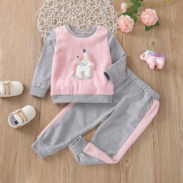 

clothing sets girls casual two-piece clothes set, pink cartoon animals round collar pullover and elastic waist pants 2021 fashion, White