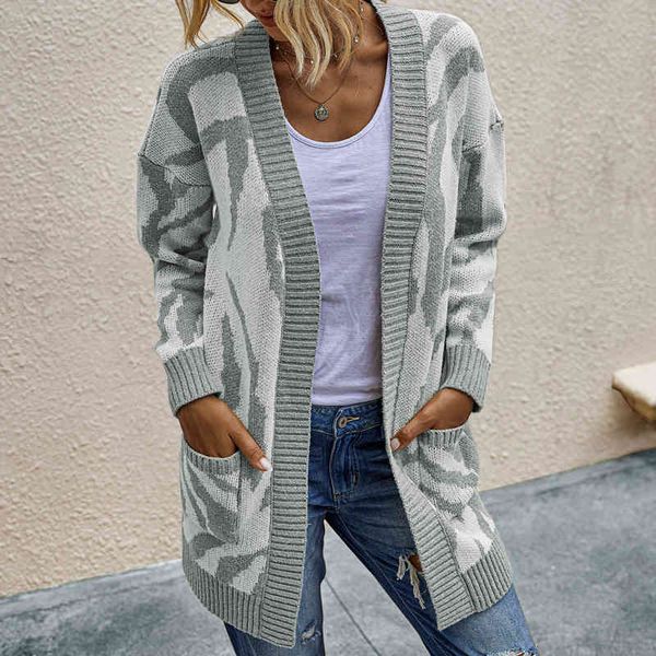 

high street coat women's sweater v-neck cardigans autumn winter camouflage midi knitted cardigan women full cardigans 210514, White