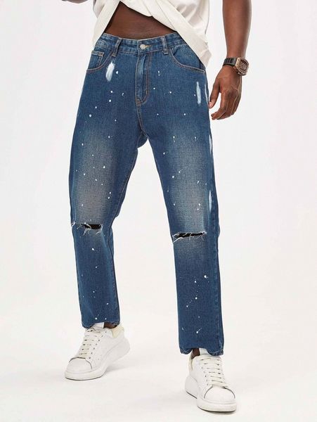 

men splattered paint ripped frayed jeans n8pf#, Blue