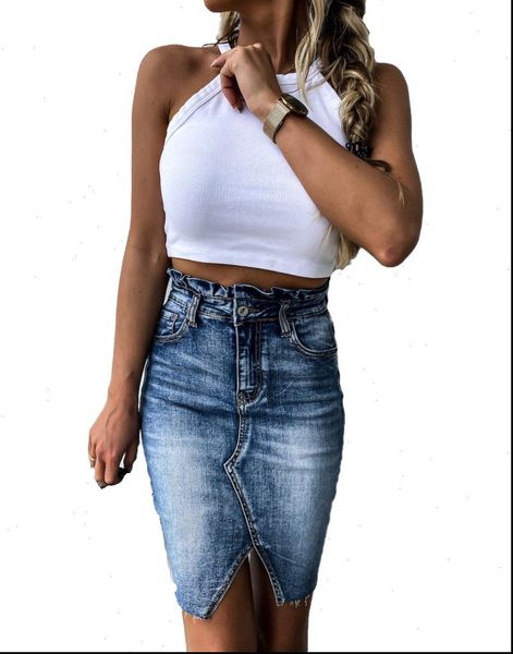 

womens skirt woman trendy retro washed ruffled high waist denim skirts female summer elastic bodycon hip saia jeans, Black