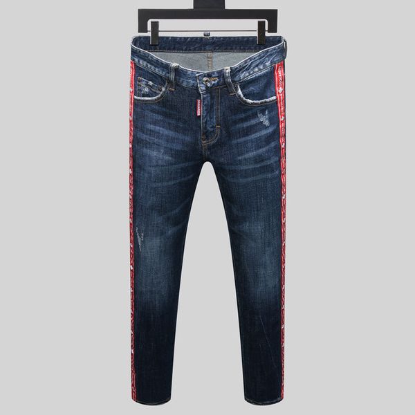 

fashion jeans street men's italian brand stripe stitching slim pants, Blue