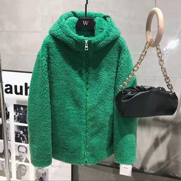 

women's fur & faux thick warm coat winter women 2021 fashion green real sheep wool jacket hooded regular length plus size clothes, Black