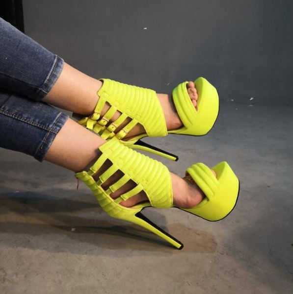 

woman nightclub solid fluorescent yellow peep toe buckles platform zipper back cuts out thin heels sandals, Black