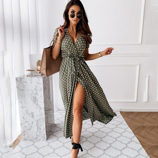 

2021v-neck printing split midi dress for woman summer fashion polka dot plus size bohemian beach vacation long dresses, Black;gray