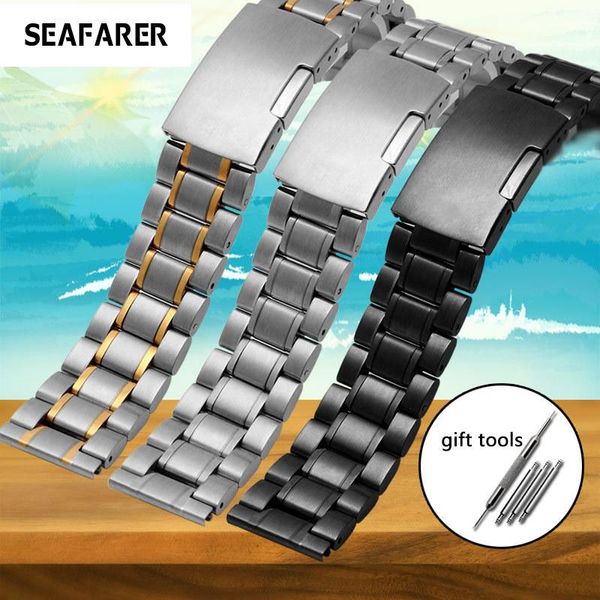 

watch bands fine steel with universal solid stainless chain folding buckle accessories 16mm 18mm 20mm 22mm 24mm, Black;brown