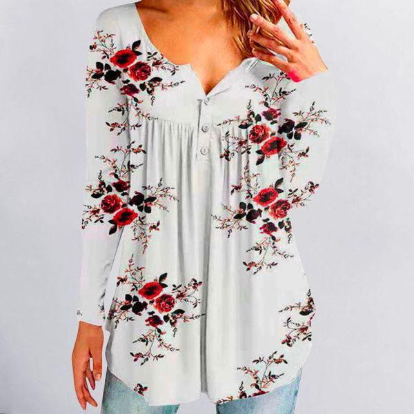 

women's blouses & shirts women flower prints long sleeve harajuku vintage female tunic button round neck causal blouse blusas, White