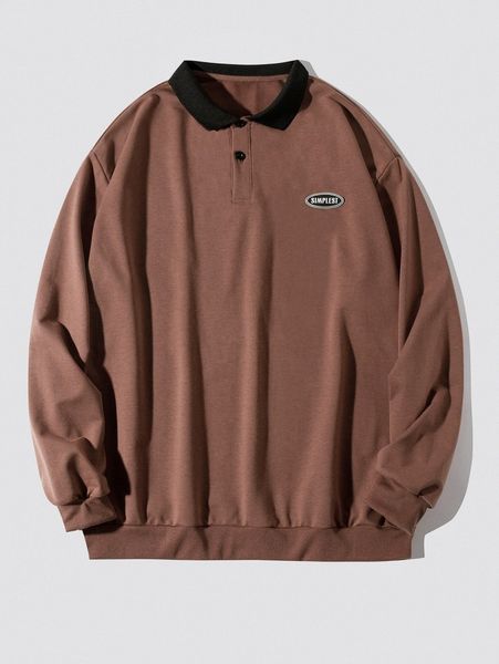 

men letter patched polo neck sweatshirt i3nx#, Black