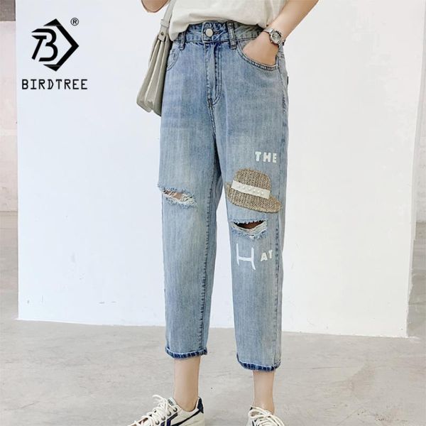 

women's jeans women vintage high waist mom hat appliques denim ripped hole harem pants plus size trousers vaqueros mujer b9d720t, Blue